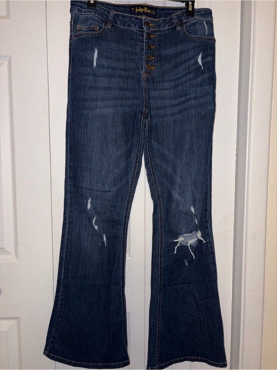 Indigo Rein Denim - Indigo Rein Flare Jeans Size 13 W30 L32.5 Distressed Button Fly Dark Wash